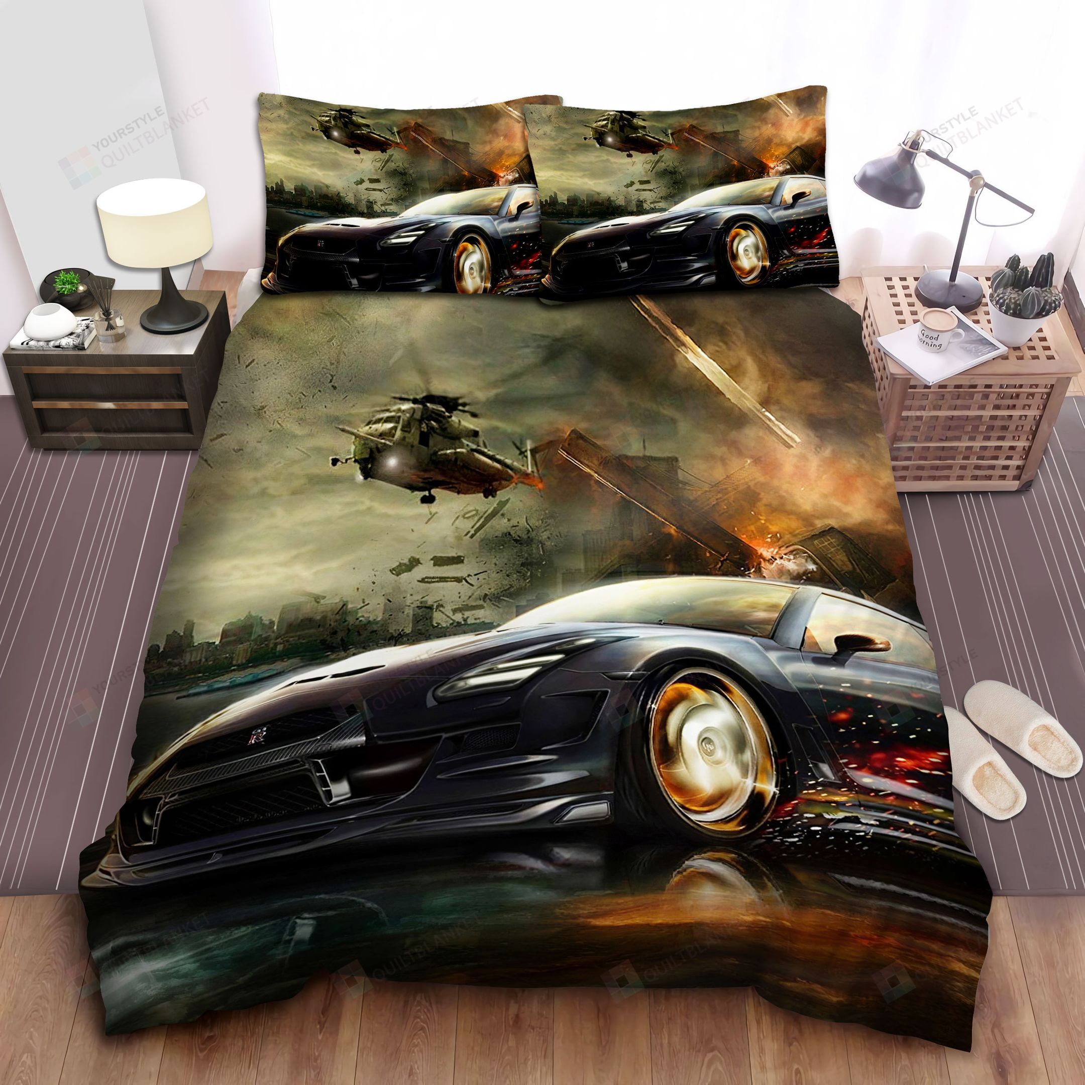 Need For Speed Race Car & Helicopter In Tornado Bed Sheets Spread Comforter Duvet Cover Bedding Sets