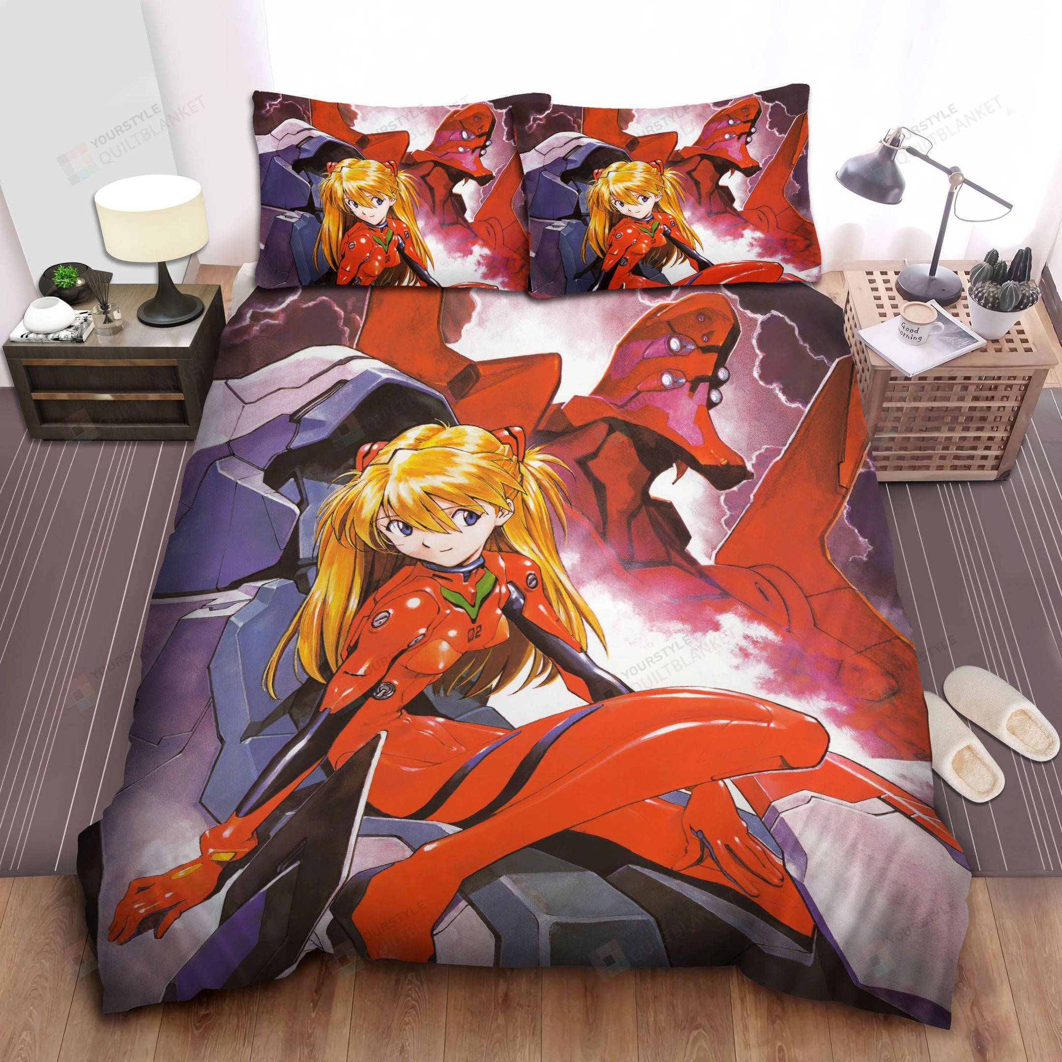 Neon Genesis Evangelion Asuka In Plugsuit & Eva Unit-02 Art Bed Sheets Spread Comforter Duvet Cover Bedding Sets