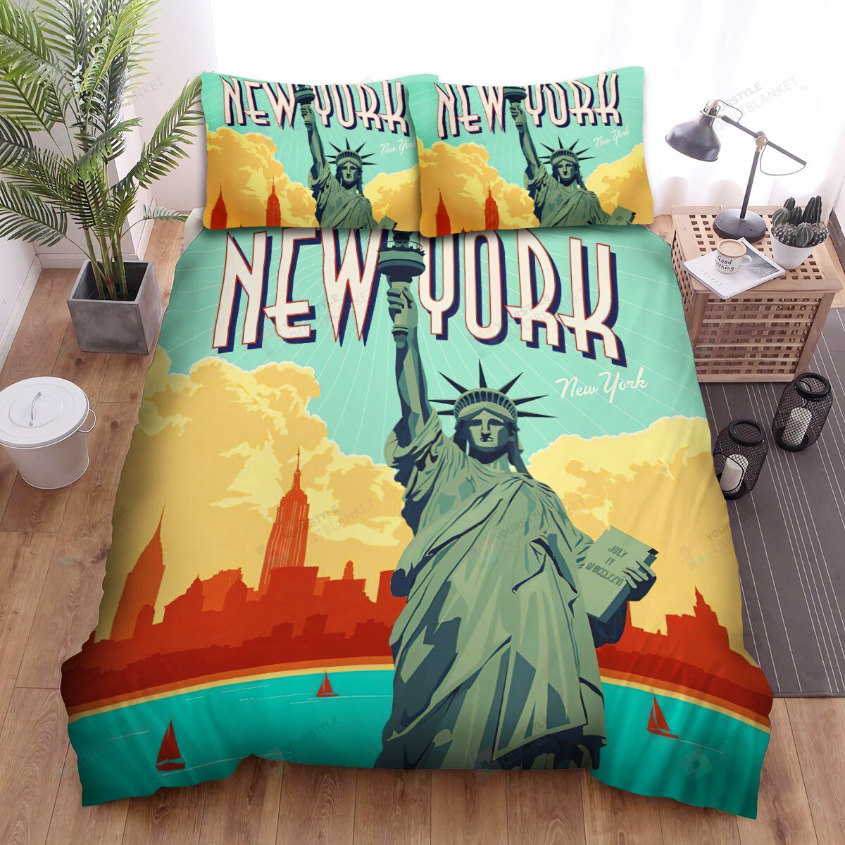 New York Statue Of Liberty Illustration Bed Sheets Spread Comforter Duvet Cover Bedding Sets