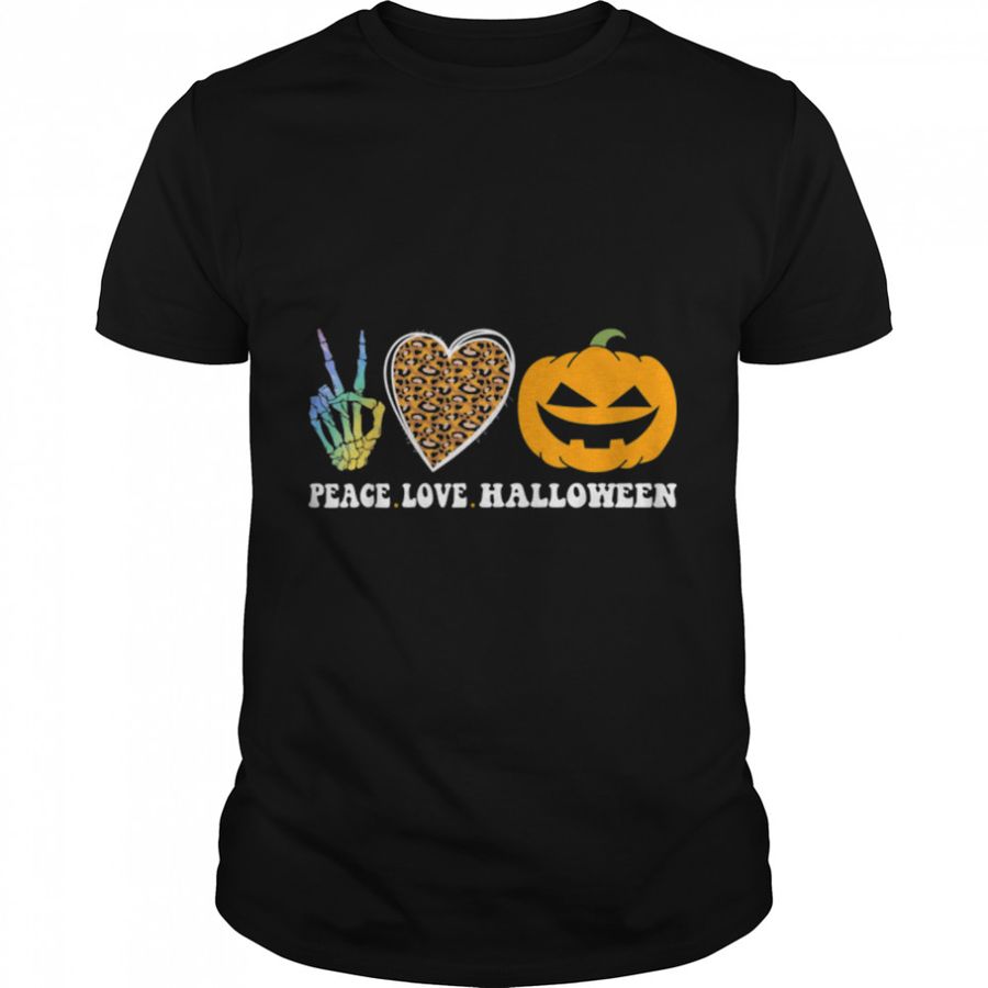 Peace Love Halloween Happy Halloween Pumpkin Leopard Heart T Shirt B0BHJM5DXB