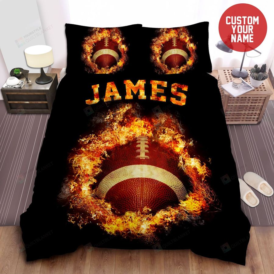 Personalized American Football Burning Football Black Bed Sheets Spread Comforter Duvet Cover Bedding Sets