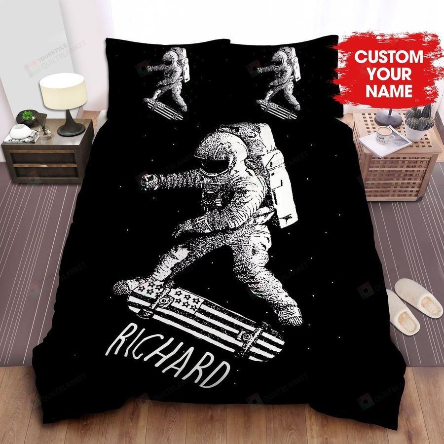 Personalized Astronaut Skateboarding With American Flag Skateboard Bed Sheets Spread Comforter Duvet Cover Bedding Sets