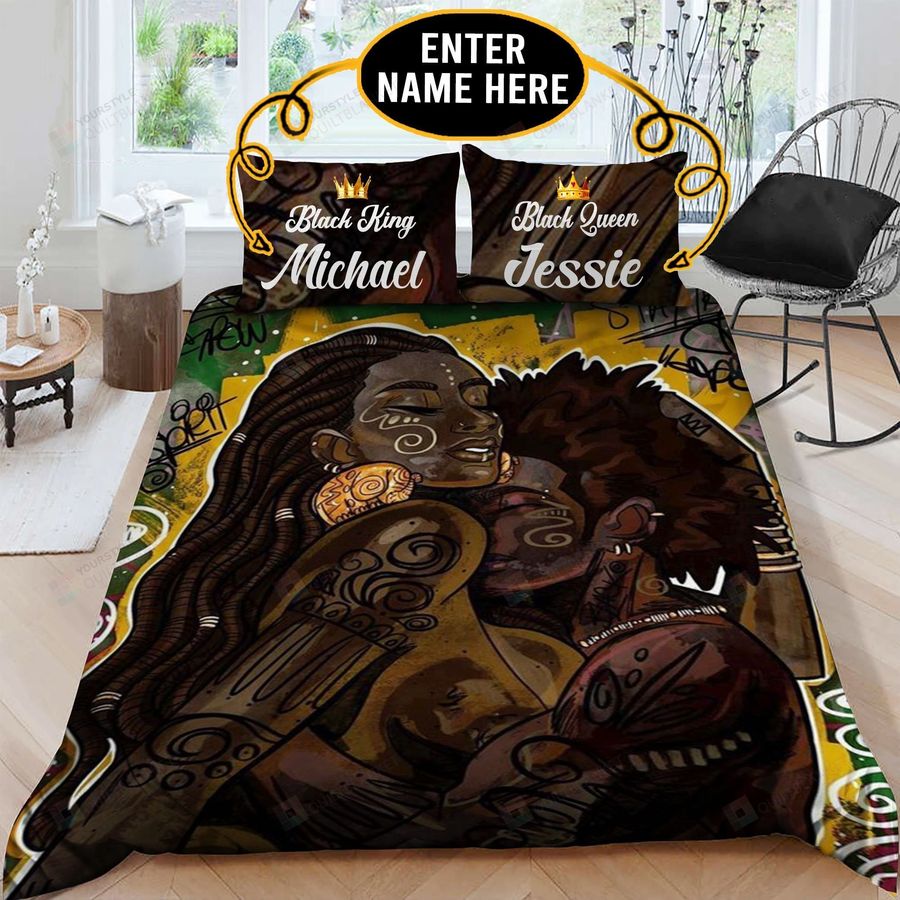 Personalized Black Couple Black King And Queen Cotton Bed Sheets Spread Comforter Duvet Cover Bedding Sets Perfect Gifts For Girlfriend Wife Wedding Valentine's Day