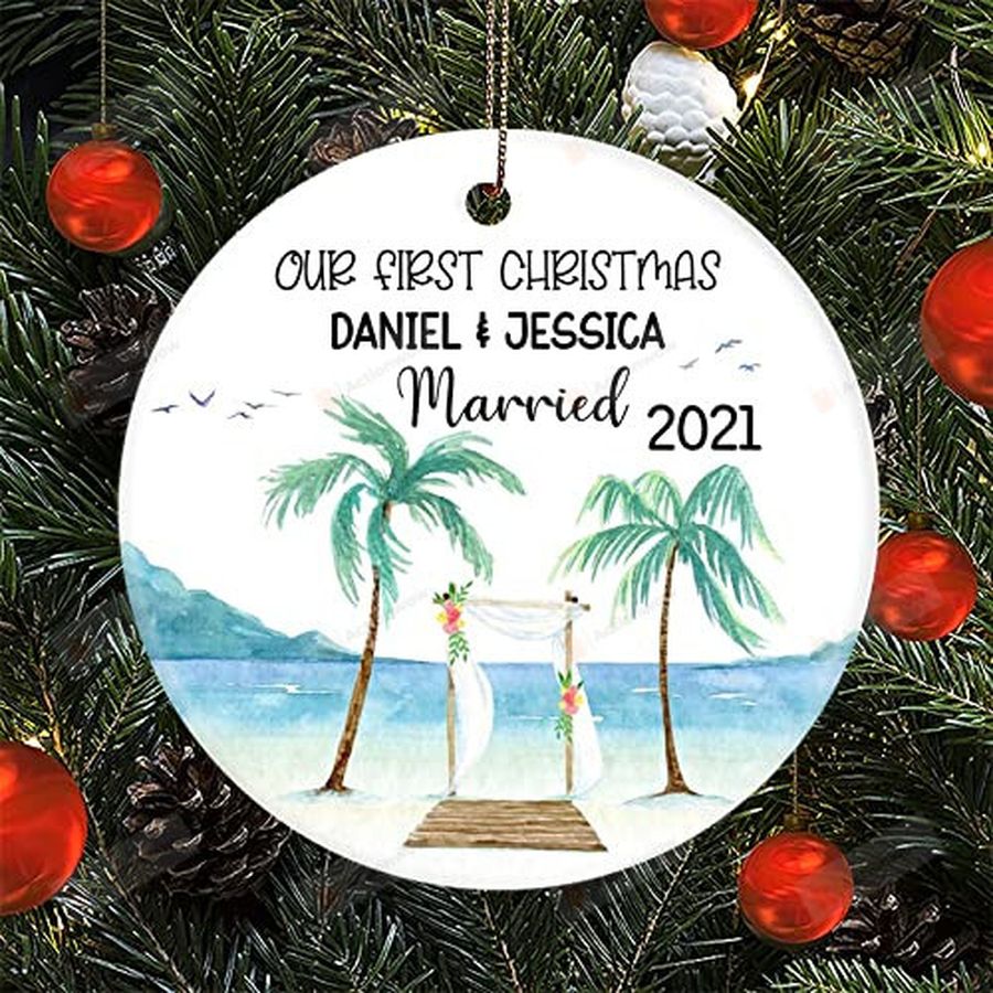 Personalized Custom Our First Christmas Married Ornament, Beach Wedding Aniversary Ornament   Merry Xmas Gifts For Couple, Christmas Tree Decoration
