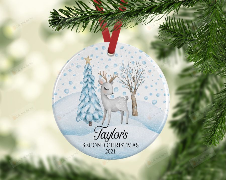 Personalized Deer Baby's Second Christmas Ornament, Deer Lover Gift Ornament, Christmas Keepsake Gift Ornament