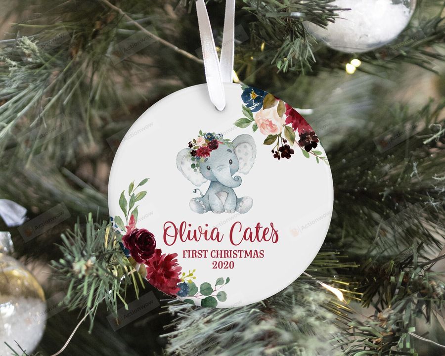 Personalized Floral Elephant Baby's First Christmas Ornament, Elephant Lover Gift Ornament, Christmas Keepsake Gift Ornament   1266