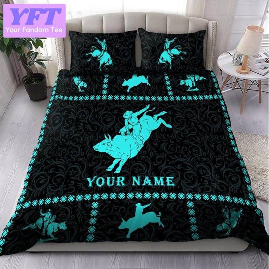 Personalized Name Bull Riding Blue 3d Bedding Set