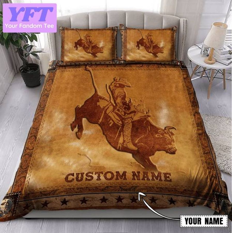 Personalized Name Bull Riding Carving Pattern 3D Bedding Set