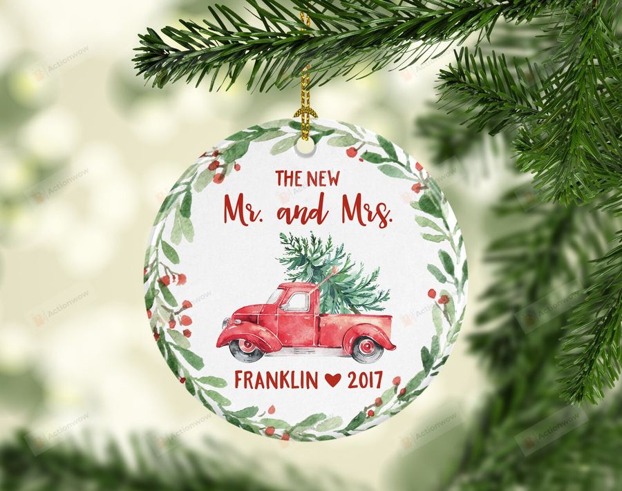 Personalized The New Mr. And Mrs. Ornament, Red Car With Christmas Tree Ornament, Christmas Gift Ornament