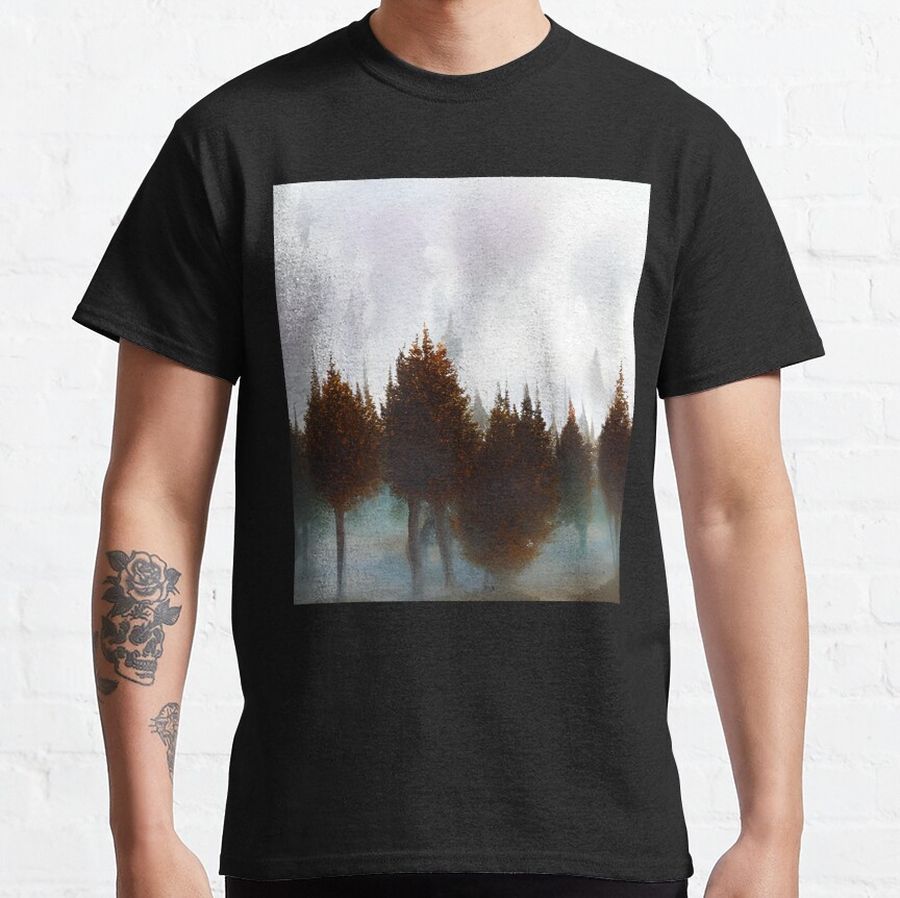 pine trees in forest with mist, nature painting #8 Classic T-Shirt