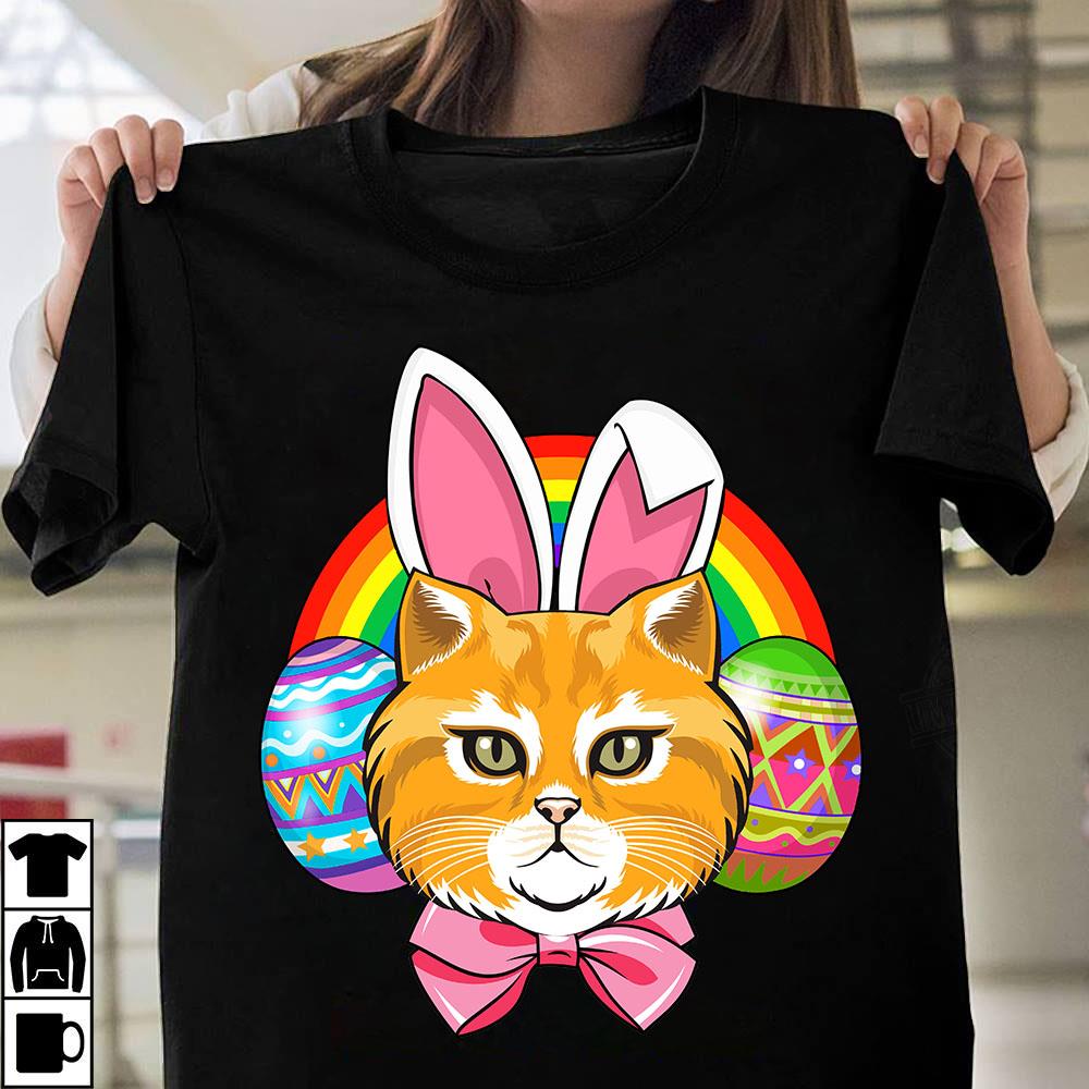Rainbow With Yellow Cat's Face And Colorfull Eggs Shirt