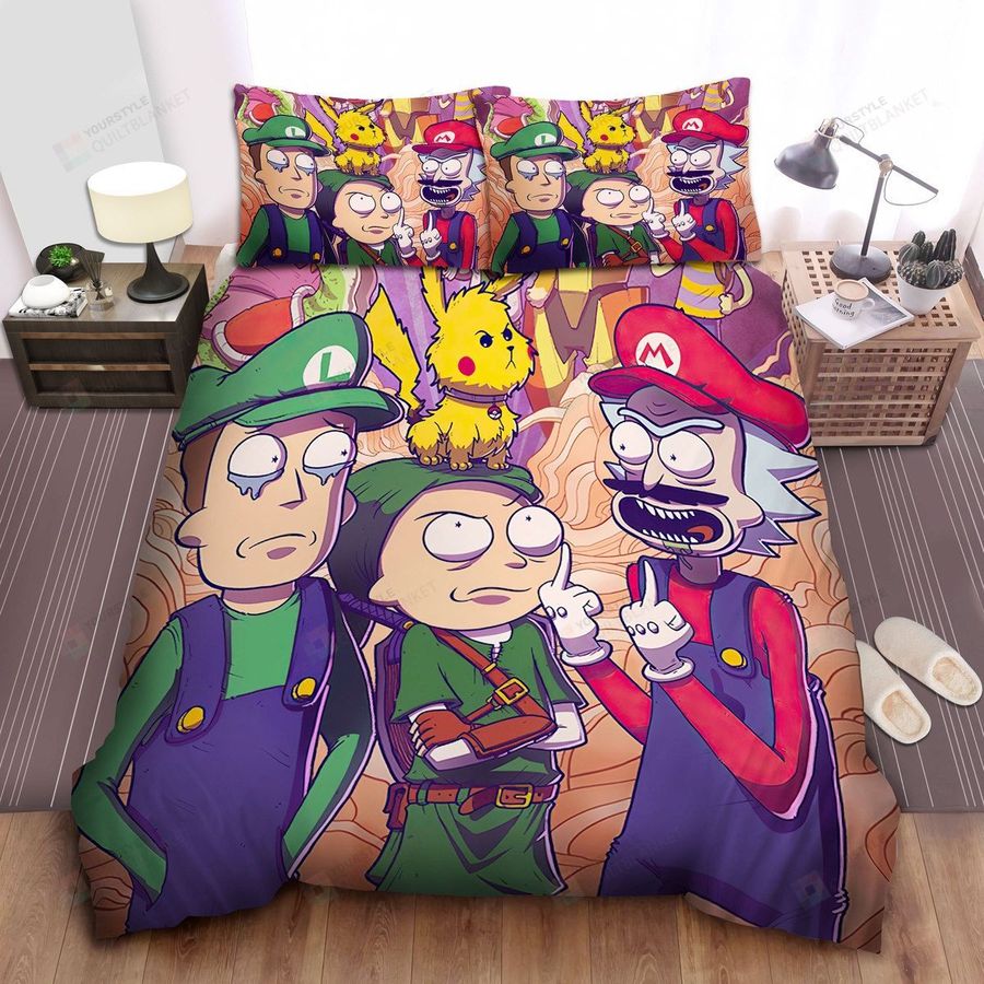 Rick And Morty In Nintendo Characters Costumes Bed Sheets Spread Comforter Duvet Cover Bedding Sets