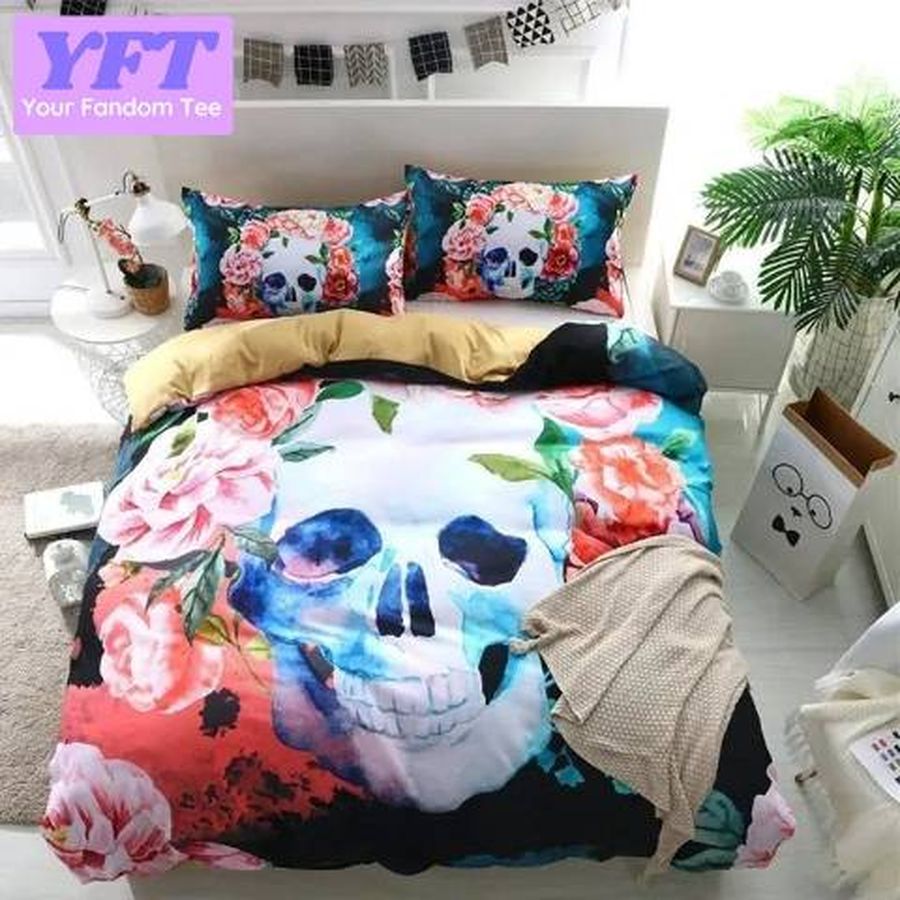 Rose Sugar Skull In Vibrant Color 3D Bedding Set