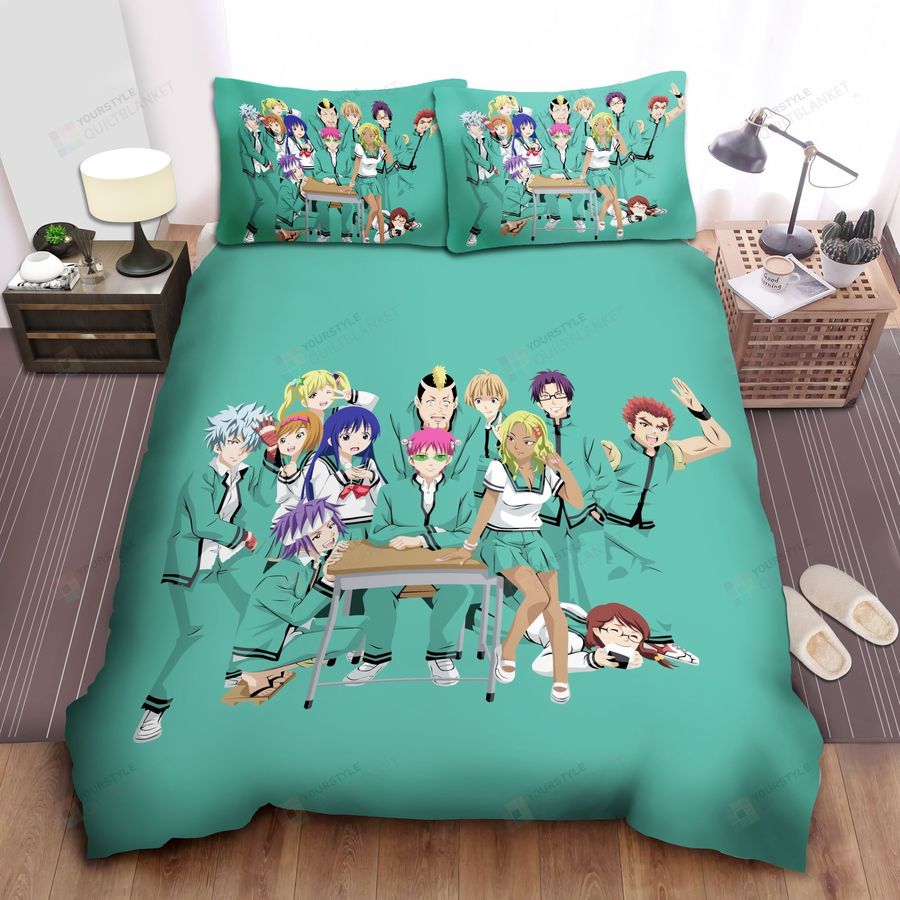 Saiki-K Green Background Bed Sheets Spread Comforter Duvet Cover Bedding Sets