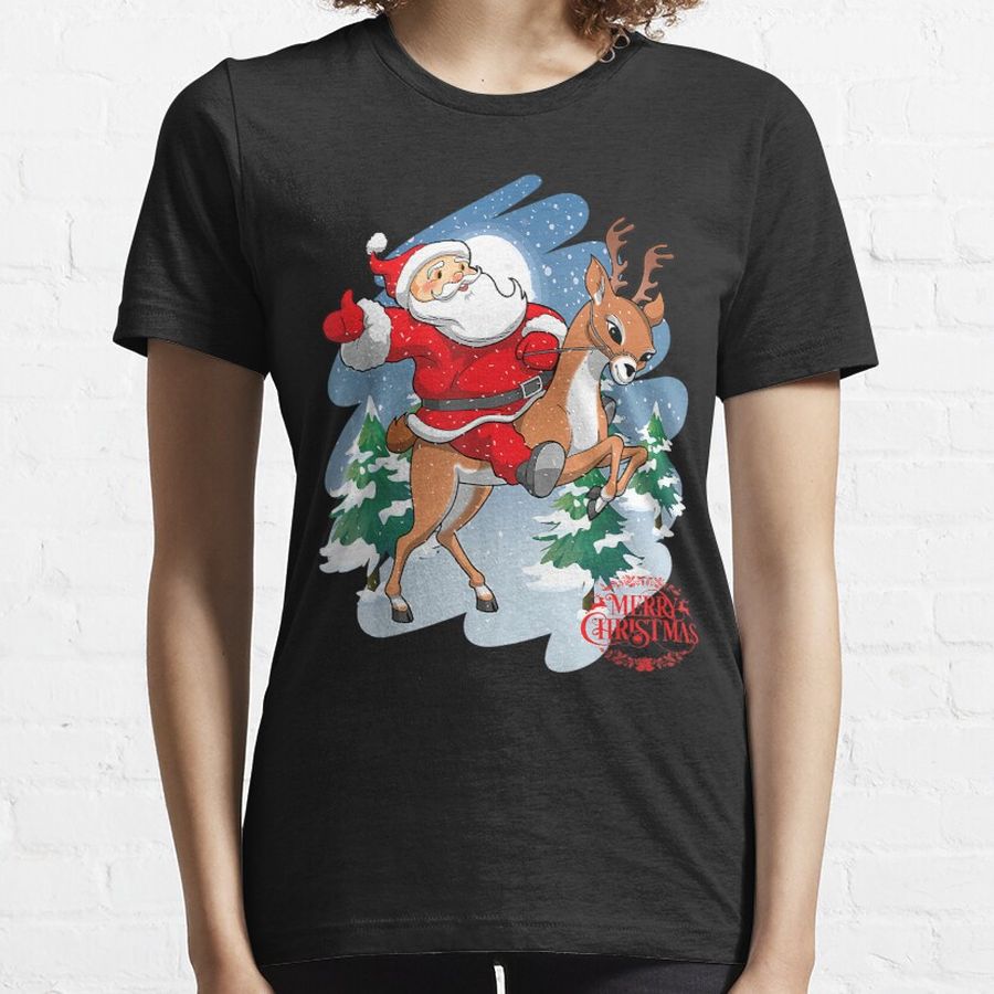Santa Claus Riding Reindeer Merry Christmas Funny Cartoon Essential T-Shirt
