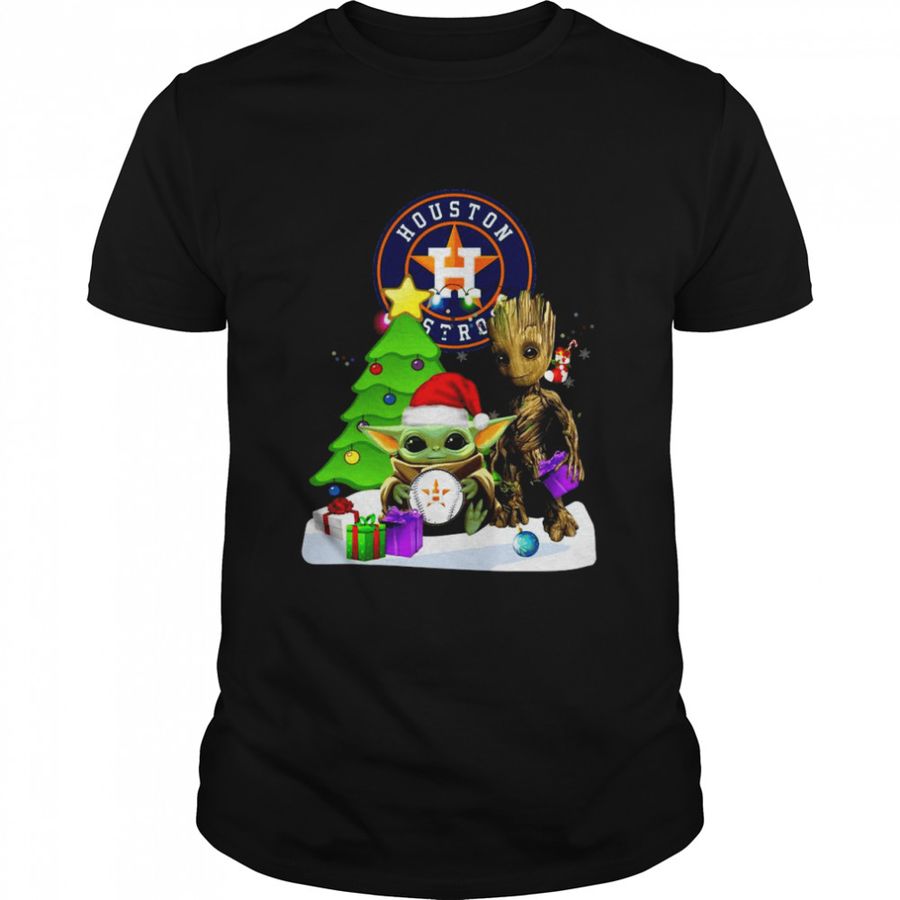 Santa Groot And Baby Yoda Hug Houston Astros Snow Christmas Tree Shirt