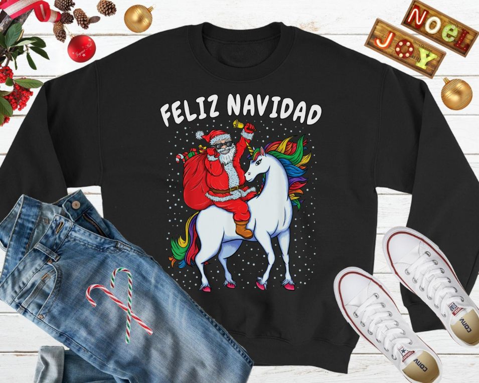 Santa Riding Unicorn Feliz Navidad Spanish Ugly Christmas Sweater