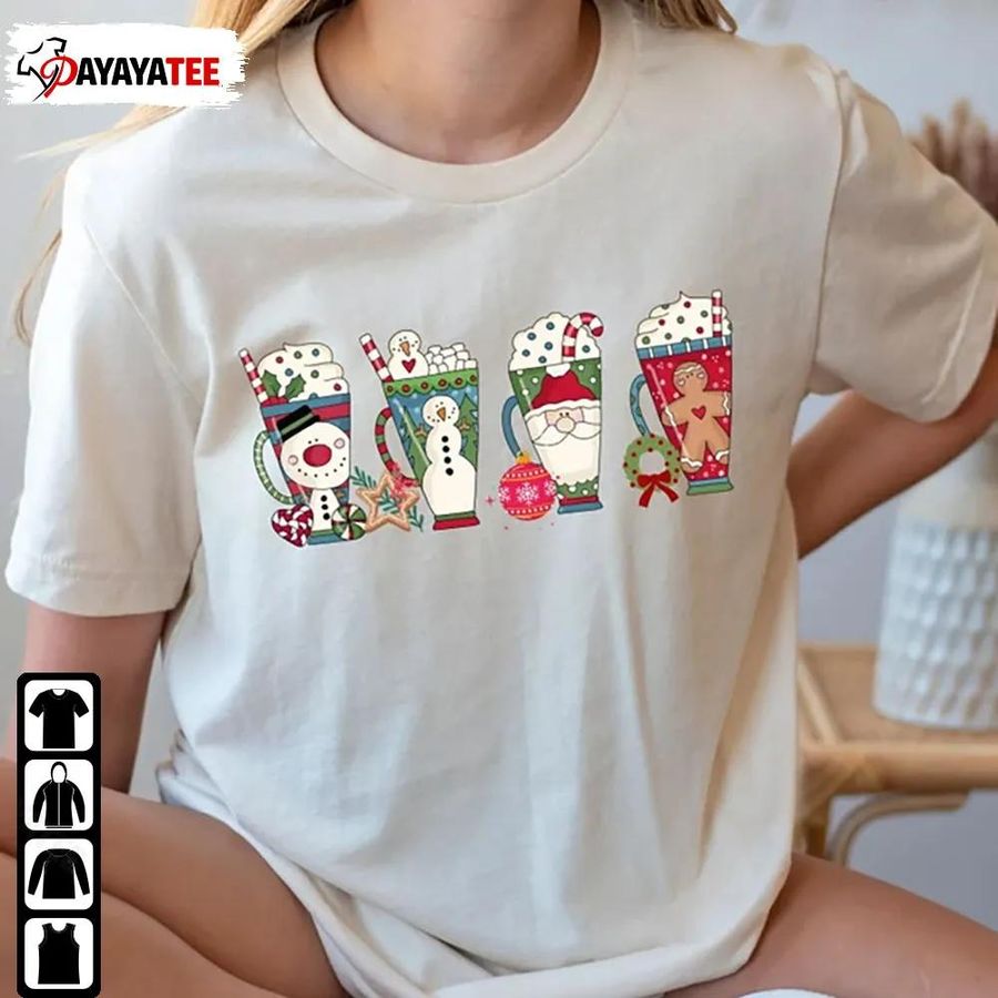 Santa Snowman Coffee Christmas Shirt Candy Cane Tree Xmas Unisex Gift For Lovers
