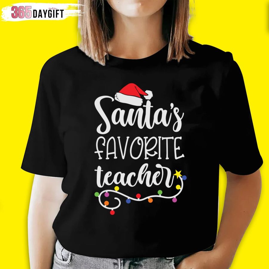 Santa's Favorite Teacher Christmas Light Art Teacher Christmas T Shirt
