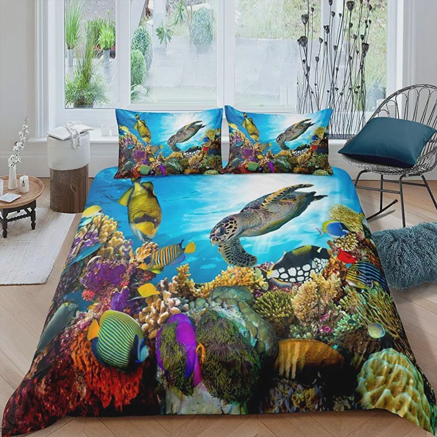 Sea Turtle Cover Tortoise Goldfish Bedding Set Coral Underwater Oasis Duvet Cover Blue Ocean