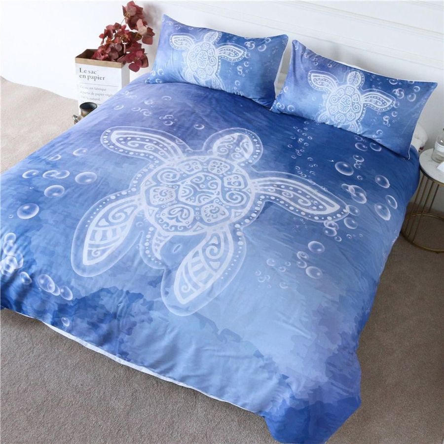 Sea Turtle Duvet Cover Bed Set Blue Tortoise Watercolor Ocean Quilt Cover Bedding Set