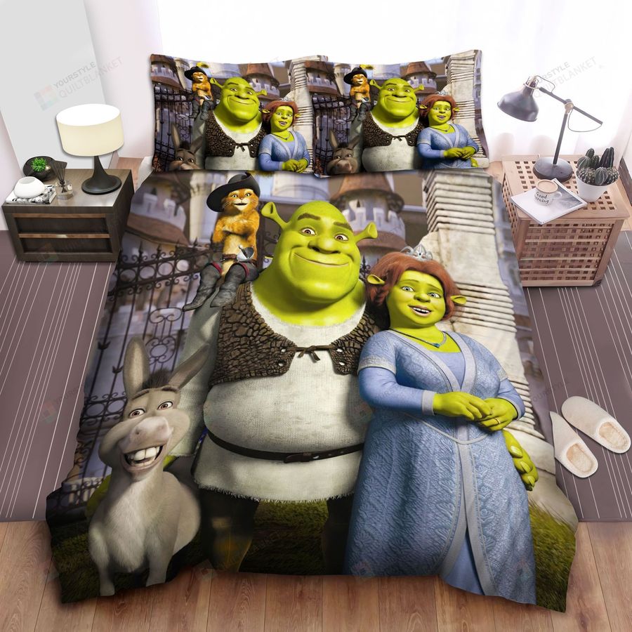 Shrek, Puss In Boots On Shrek Shoulder Bed Sheets Spread Comforter Duvet Cover Bedding Sets