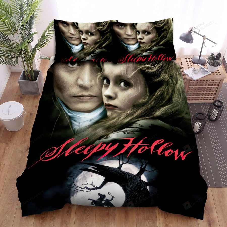 Sleepy Hollow Two Face Of Main Actors With The Man On Horseback Under The Moon Background Movie Poster Bed Sheets Spread Comforter Duvet Cover Bedding Sets