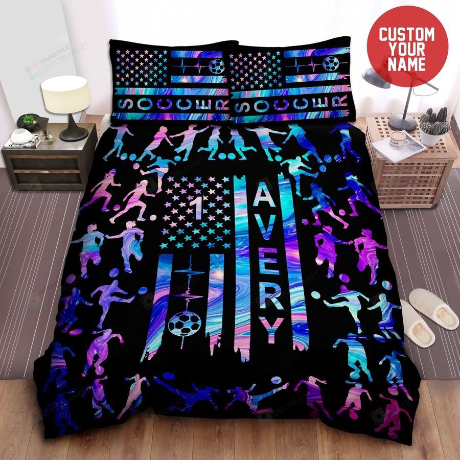 Soccer Holographic Flag Custom Duvet Cover Bedding Set With Name