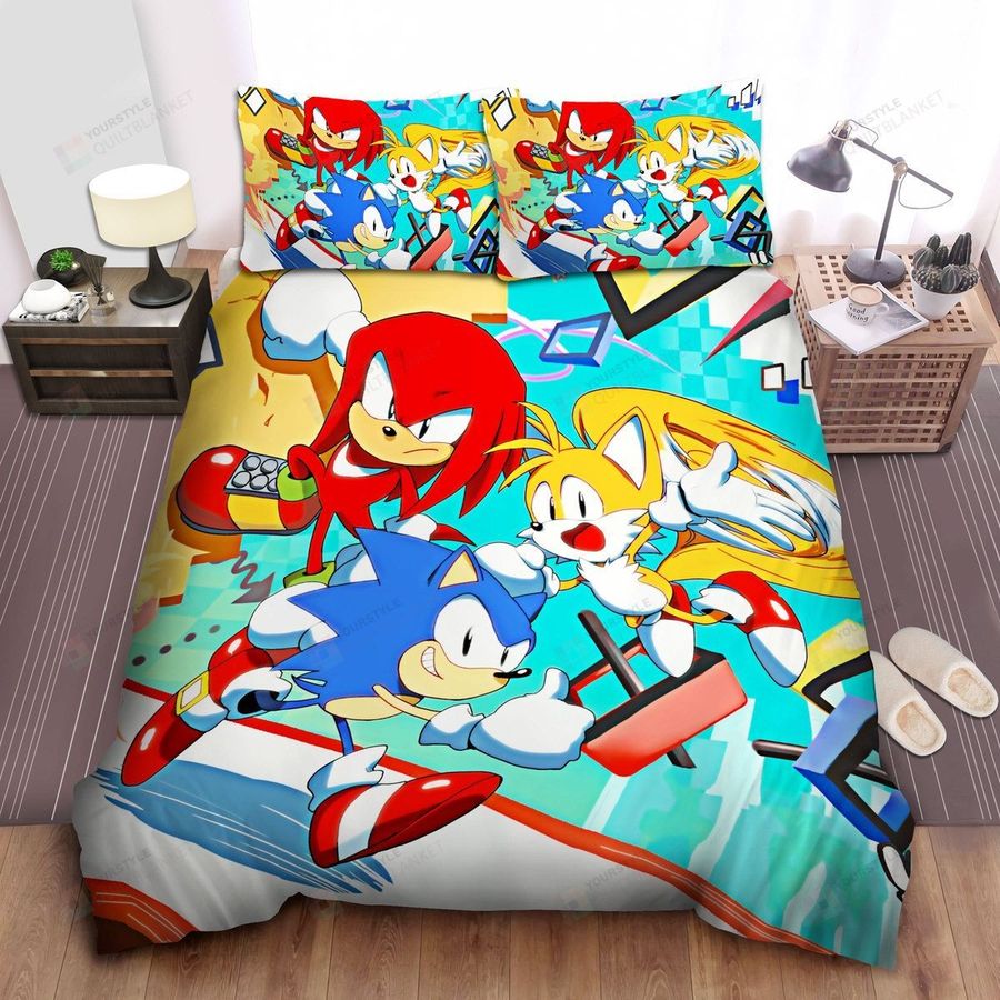 Sonic The Hedgehog Tails And Knuckles Skills Combination Illustration Bed Sheets Spread Comforter Duvet Cover Bedding Sets