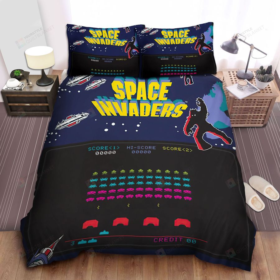 Space Invaders Deluxe Arcade Game Poster Bed Sheets Spread Comforter Duvet Cover Bedding Sets