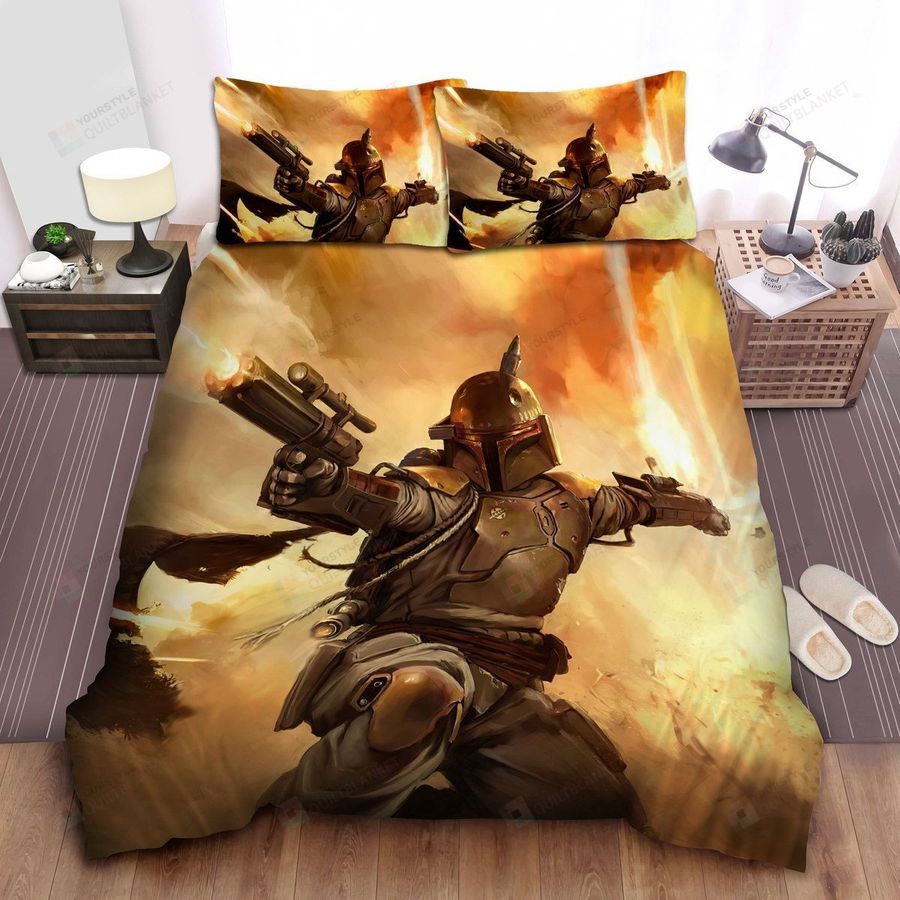 Star Wars Boba Fett On Burning Battlefield Illustration Bed Sheets Spread Comforter Duvet Cover Bedding Sets