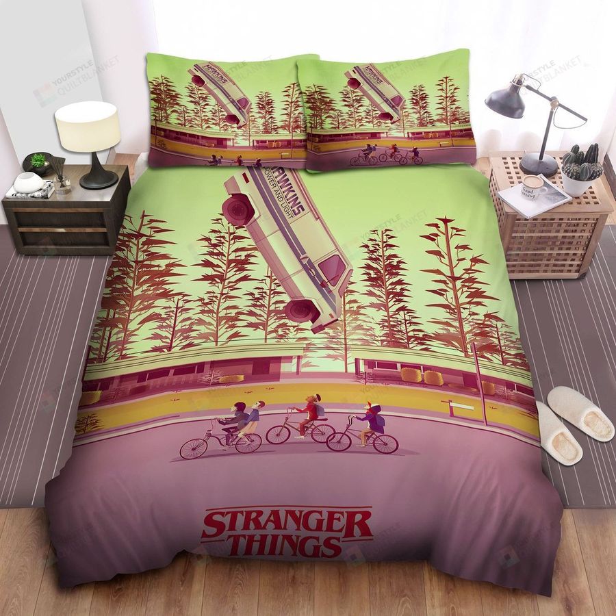 Stranger Things Hawkins Kids And Flying Vans Illustration Bed Sheets Spread Comforter Duvet Cover Bedding Sets