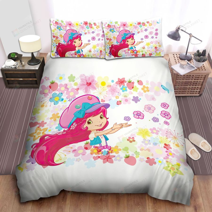 Strawberry Shortcake And Colorful Flowers Bed Sheets Spread Comforter Duvet Cover Bedding Sets