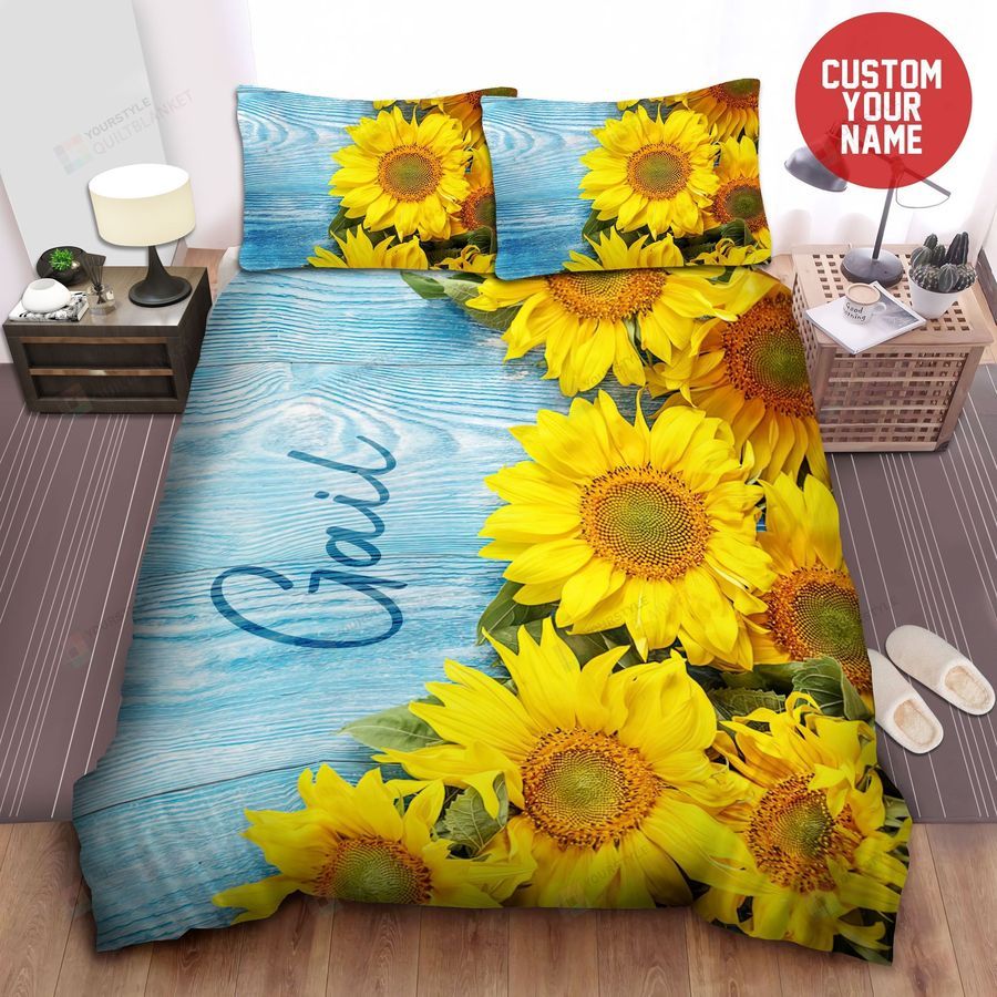 Sunflower On Blue Wood Personalized Custom Name Duvet Cover Bedding Set