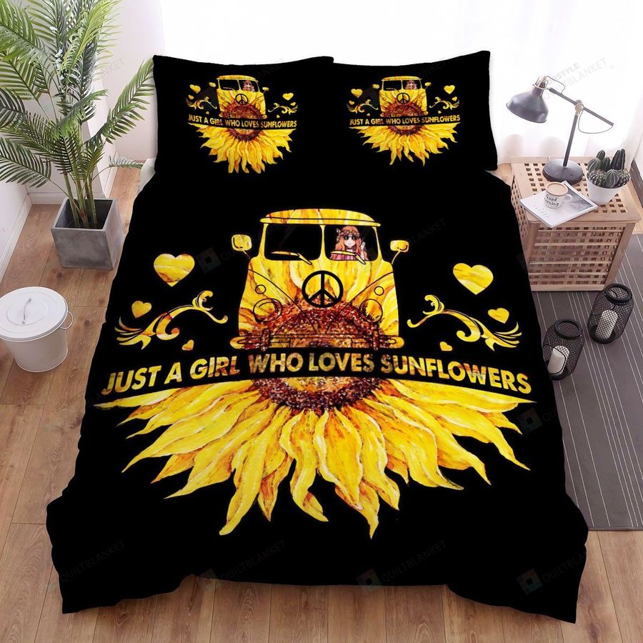 Sunflower Yellow Hippie Van Car Just A Girl Who Loves Sunflowers Bed Sheets Spread Comforter Duvet Cover Bedding Sets