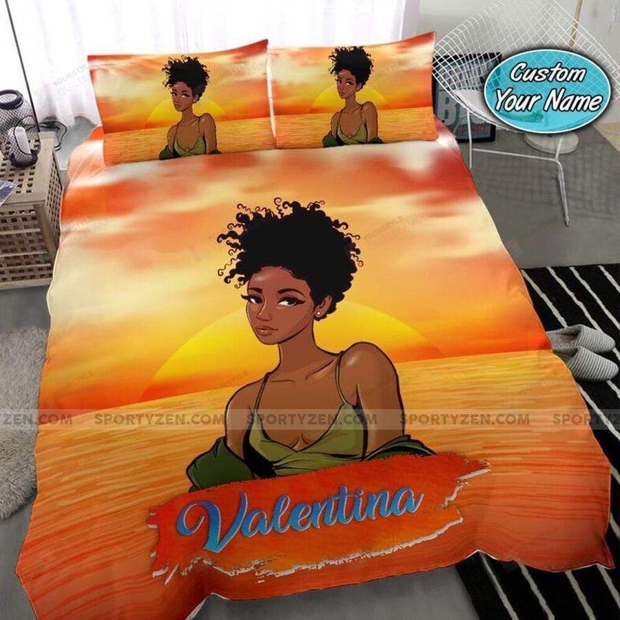 Sunset African American Black Woman Custom Name Duvet Cover Bedding Set