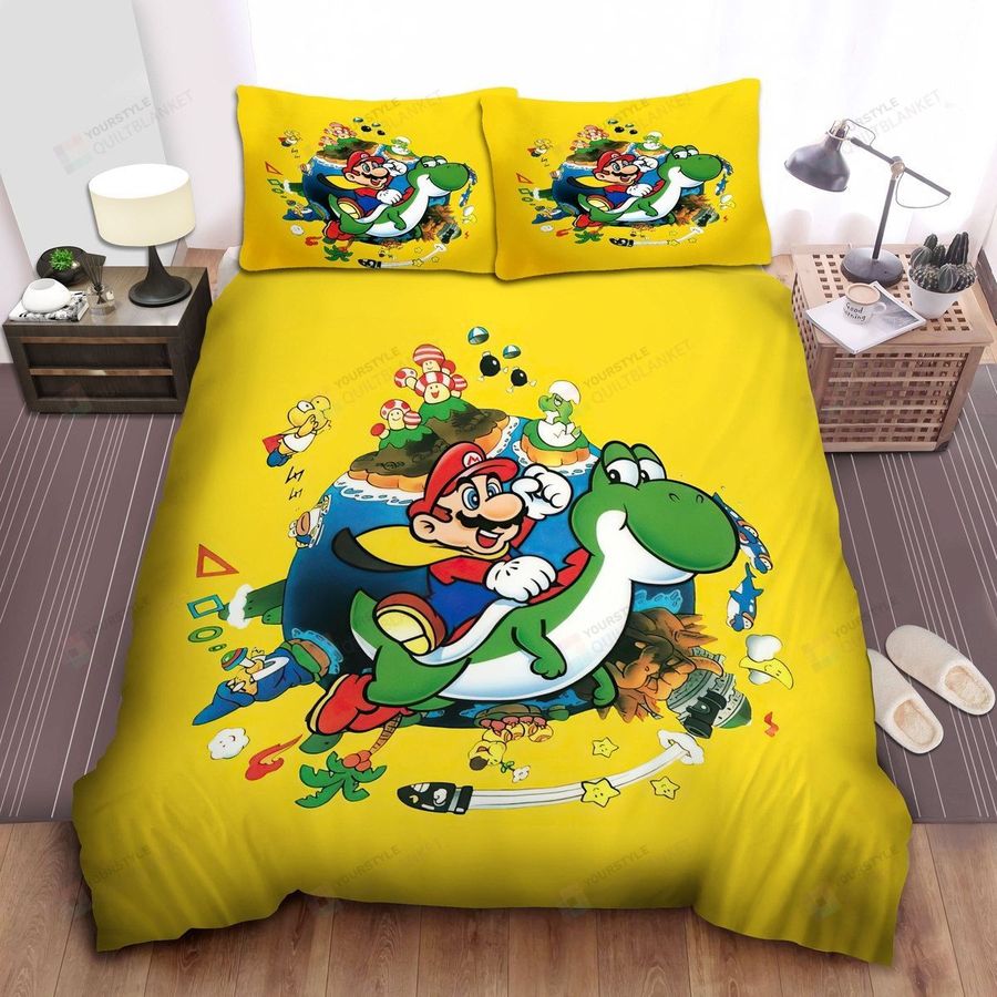 Super Mario Flying With Yoshi Around The Mario World Bed Sheets Spread Comforter Duvet Cover Bedding Sets