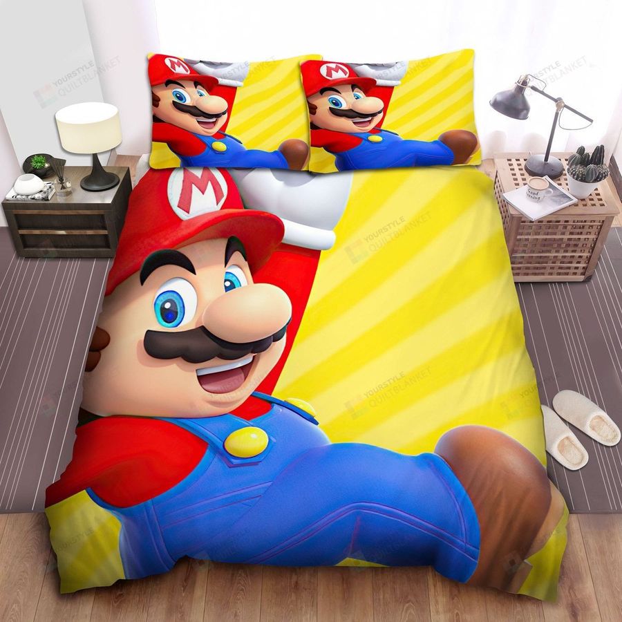 Super Mario In Yellow Stripes Background Bed Sheets Spread Comforter Duvet Cover Bedding Sets