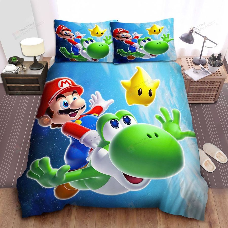 Super Mario Riding Flying Yoshi And Luma Bed Sheets Spread Comforter Duvet Cover Bedding Sets