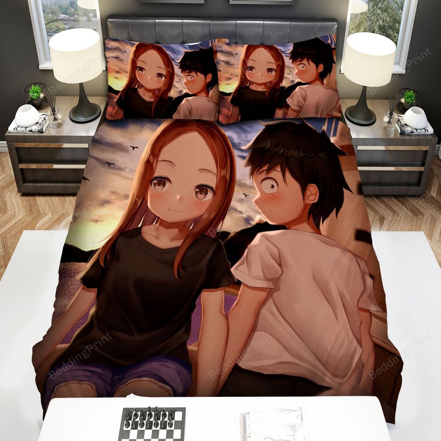 Teasing Master Takagi-San & Nishikata Holding Hands At Sunset Bed Sheets Spread Duvet Cover Bedding Sets