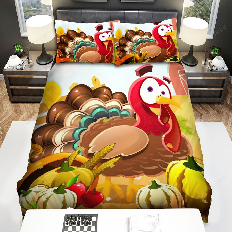 Thanksgiving Cartoon Turkey And Farm Bed Sheets Spread Comforter Duvet Cover Bedding Sets