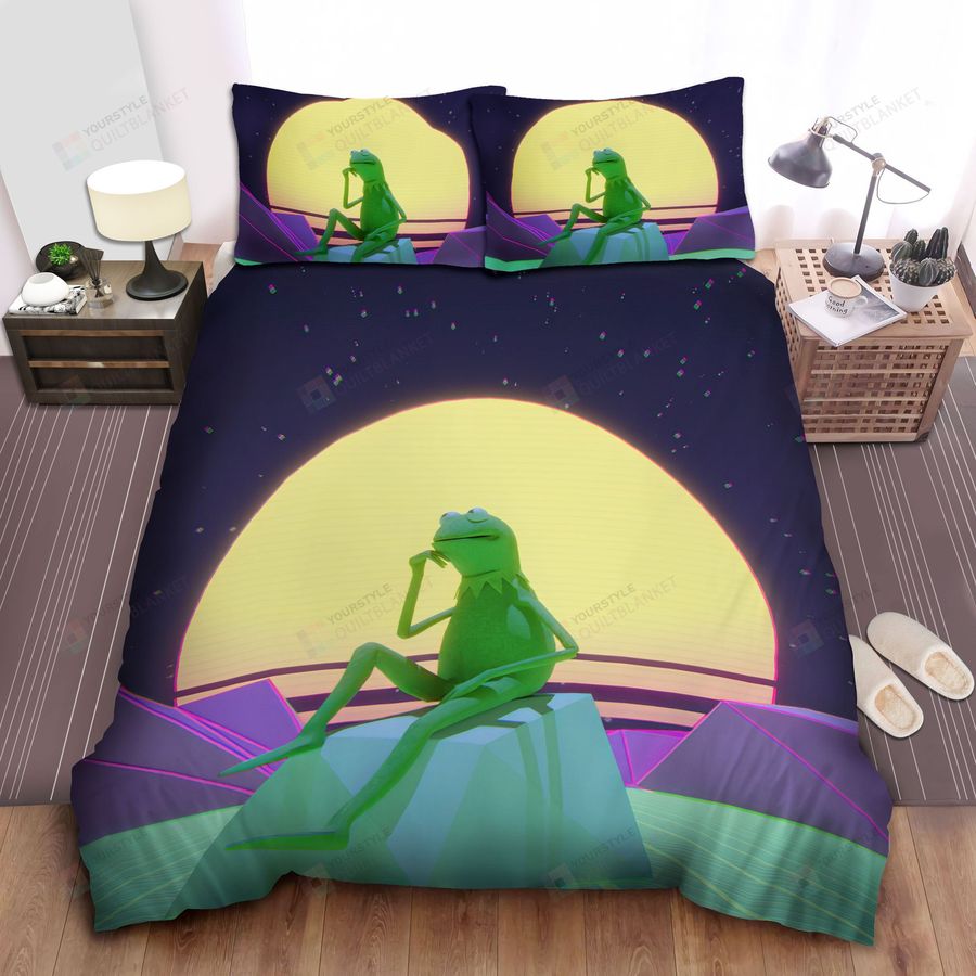 The Muppets Kermit The Frog In Synthwave Retro Art Background Bed Sheets Spread Comforter Duvet Cover Bedding Sets