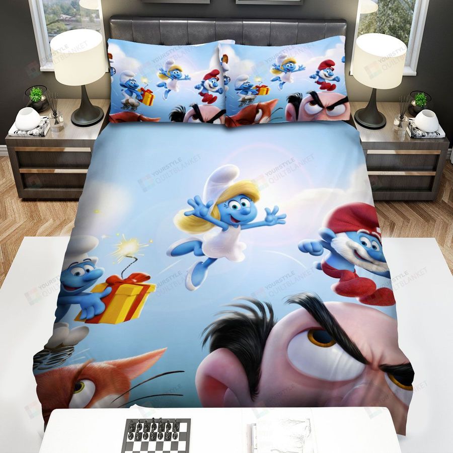 The Smurfs Family Jump On Top Of Azrael And Gargamel Bed Sheets Spread Duvet Cover Bedding Sets