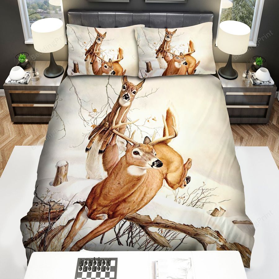 The Wild Animal - The Deer Jumping Over The Fallen Tree Bed Sheets Spread Duvet Cover Bedding Sets
