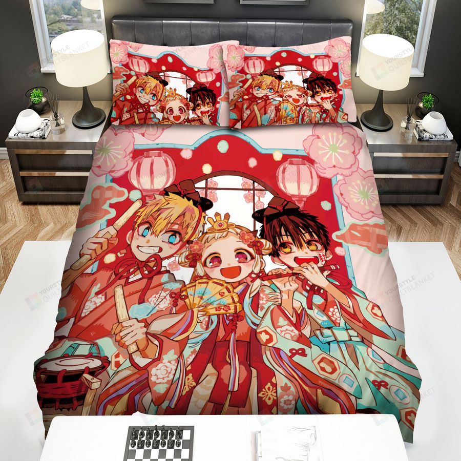 Toilet Bound Hanako-Kun Characters With Sakura Flowers Bed Sheets Spread Comforter Duvet Cover Bedding Sets