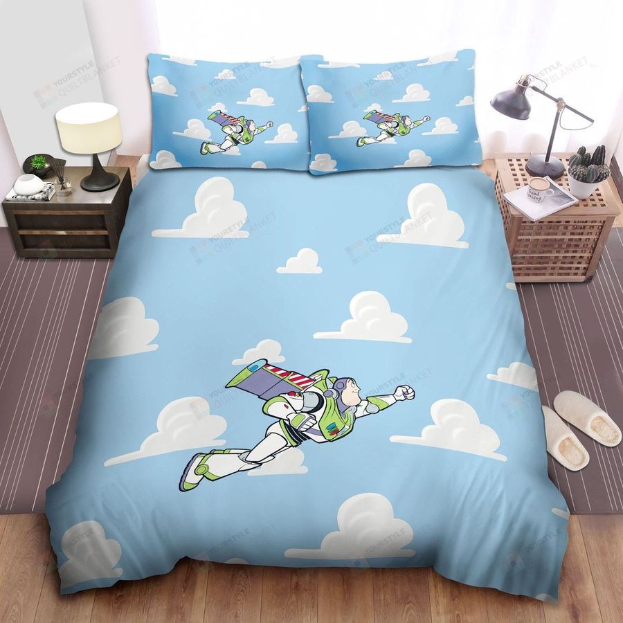 Toy Story Buzz Lightyear Flying On Cloudy Background Bed Sheets Spread Comforter Duvet Cover Bedding Sets
