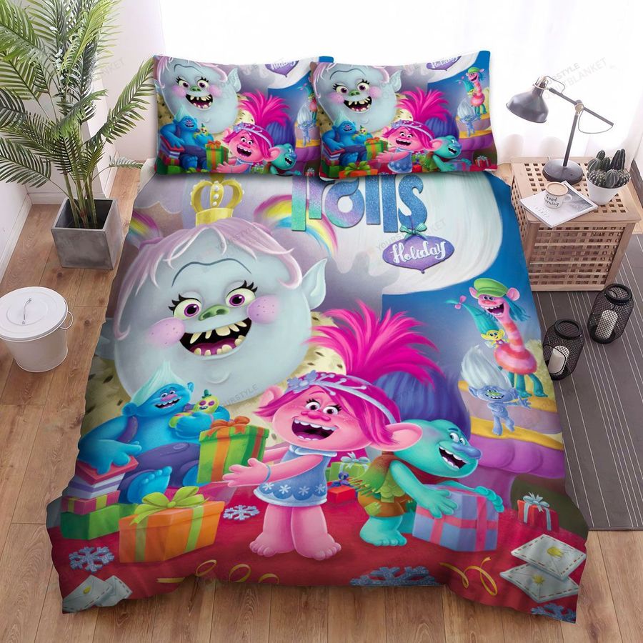 Trolls Holiday Characters With Gifts Bed Sheets Spread Comforter Duvet Cover Bedding Sets