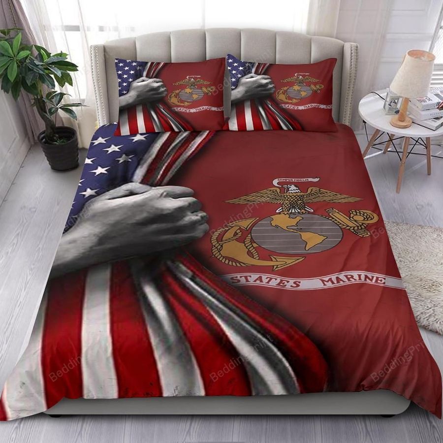 U.S Marine Corps Inside American Flag Bedding Set Patriotic Gifts For Veterans For American Independence Day Bed Sheets Duvet Cover Bedding Sets