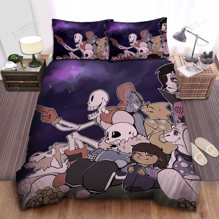 Undertale Characters Sitting Under The Night Sky Bed Sheets Spread Comforter Duvet Cover Bedding Sets