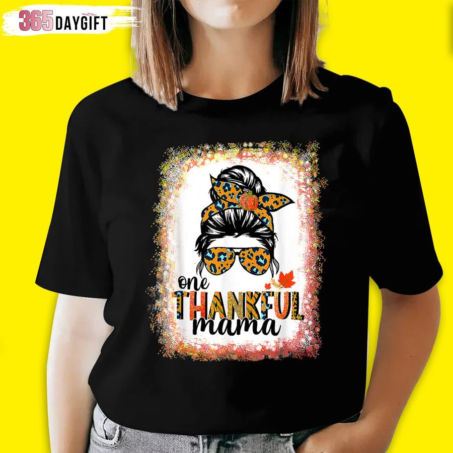 Vintage One Thankful Thanksgiving Mama Messy Bun Leopard Fall Autumn T Shirt